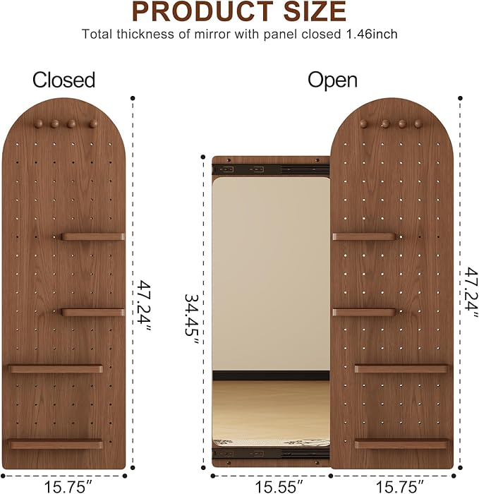 KungFuWood Full Length Mirror with Shelf and Hooks,Entry Way Mirrors for Wall,Wall Mirror with Shelf,Wall Mirror with Storage Multifunctional Design Panel,Living Room (Deep Walnut, 52.4" L x 19" W)