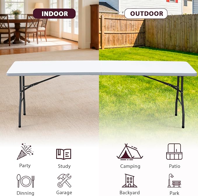 ZENY 8ft Portable Folding Table Plastic Indoor Outdoor Picnic Party Camp Dining Table with Handle, White