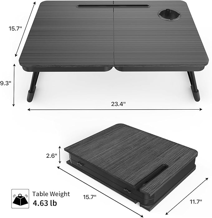 BUYIFY Foldable Laptop Bed Desk for Couch, Sofa - Large Lap Desk Tray Table with Cup Holder and Tablet Slot - Portable Notebook Stand for Eating, Writing, Studying and WFH (Black)-OKS1