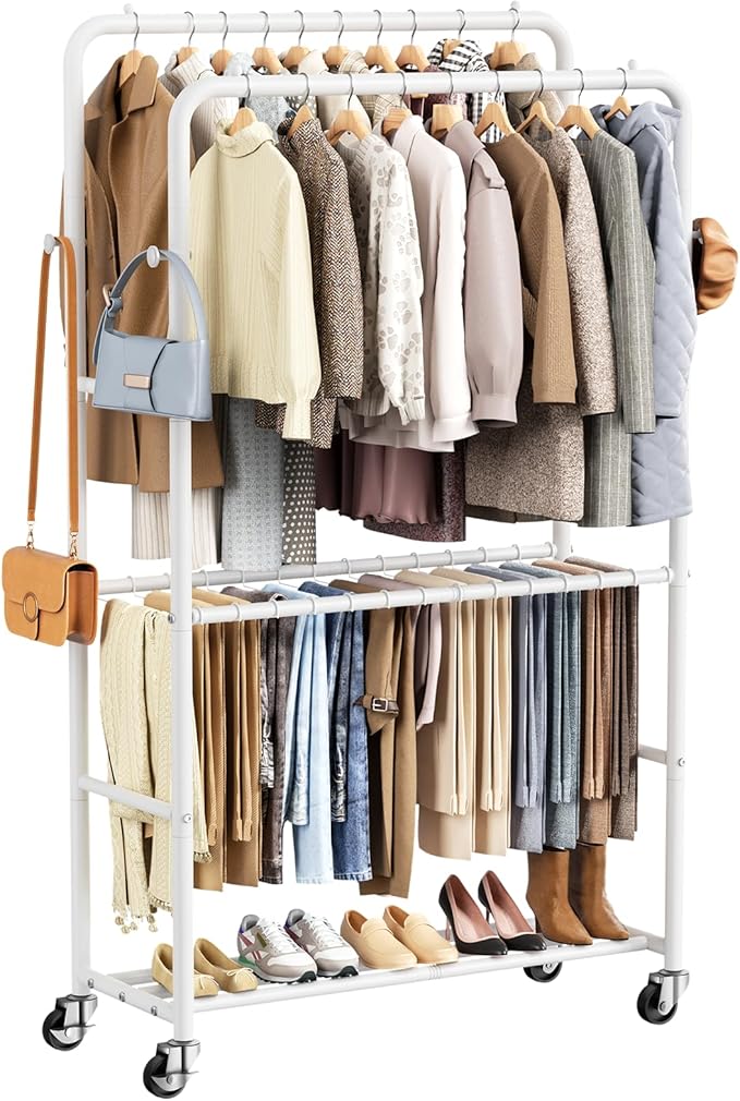 Clothes Rack - 4-Bar Double Rod Clothing Rack with 15 Pants Racks - Rolling Clothes Rack with Shelves - Portable Garment Rack for Bedroom Laundry Room Closet - White
