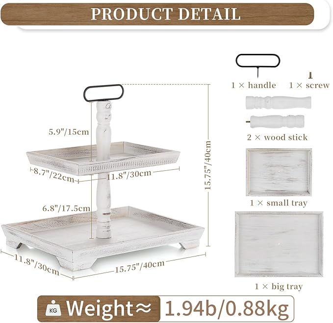 Hanobe Tiered Tray for Table Decor: 4th of July 2 Tier Decorative Tray Stand for Coffee Bar - Large Farmhouse White Display Stands for Holiday - Wood for Kitchen Counter Decorations