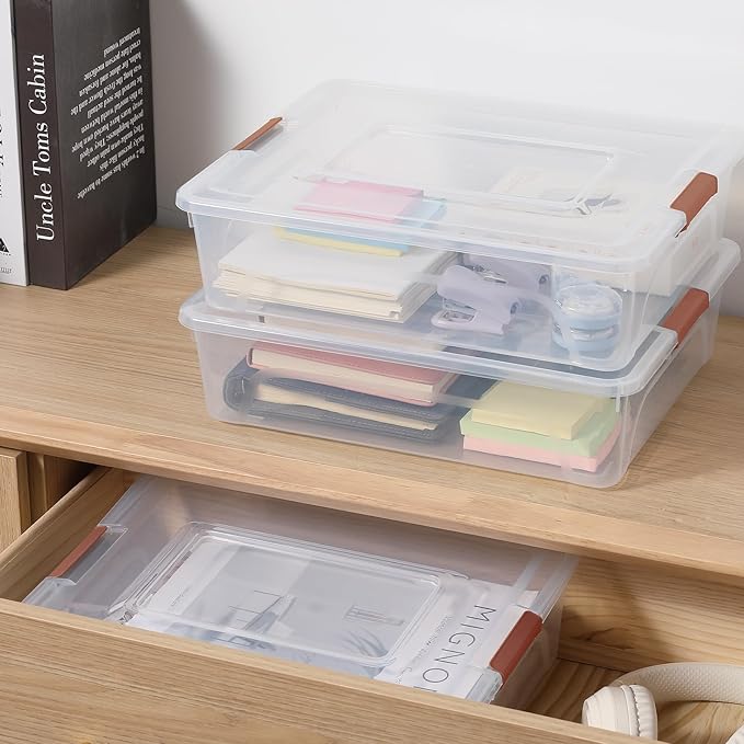 novelinks Clear Plastic Storage Bins with lids, Stackable Storage Containers, Durable Craft Storage Boxes, Organization Containers for Home Office (10 Quart 4 Pack Brown)