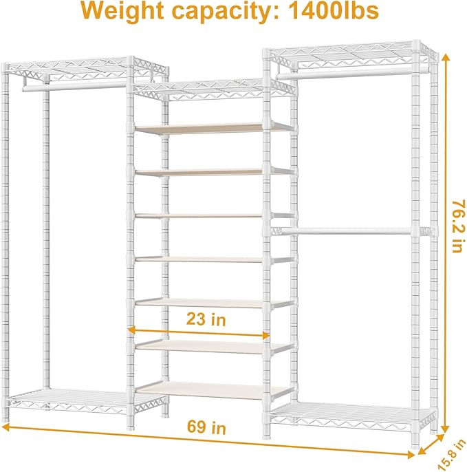 ULIFHOME E16 Heavy Duty Clothing Rack（With 7-Tier Adjustable Shoe Rack） Freestanding Clothes Rack for Hanging Clothes，Metal Closet Storage Organizer Large Wardrobe，69'' W x 15.8'' D x 76.2'' H，White