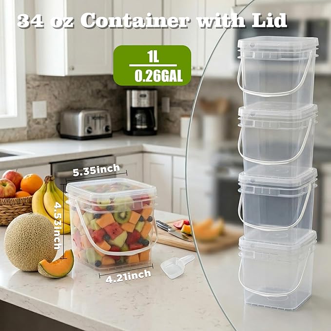 DEMORA 34oz Food Grade Square Plastic Bucket with Lid, Clear Airtight Storage Container, Reusable Pail for Kitchen Food Water Ice Cream Household Use (Transparent, 6Pcs)