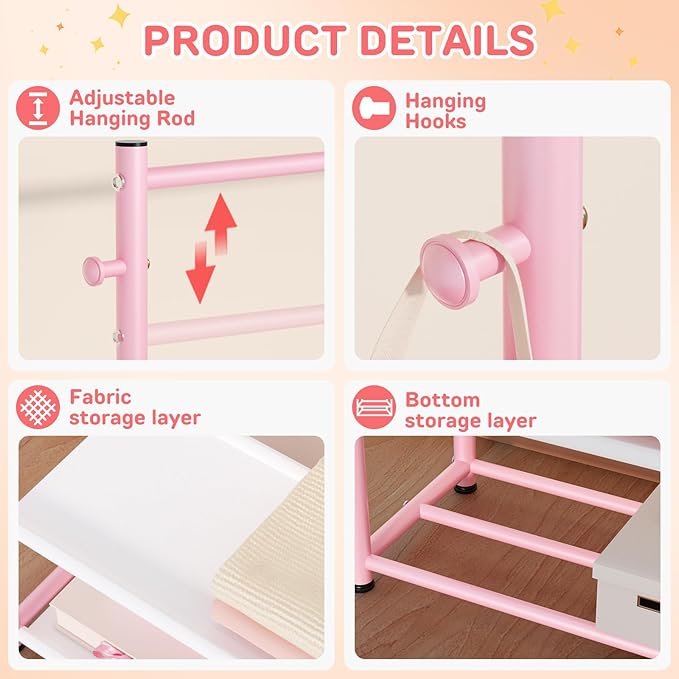 Kids Clothing Rack with 2-Layer Storage Shelf and 2 Adjustable Hanging Rods, Dress Up Rack for Hanging Clothes,Dress up Storage for Baby Toddle Kids(Classic, Pink)