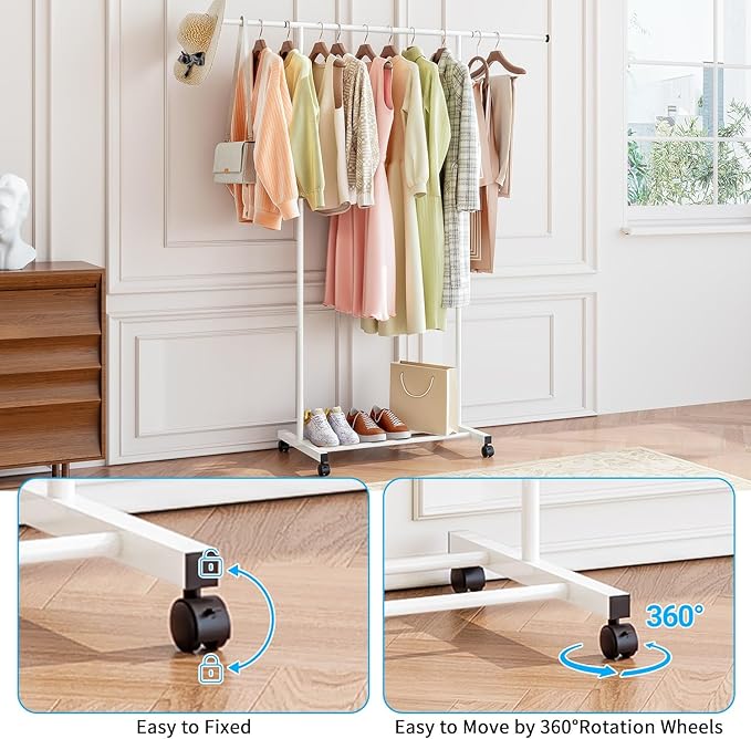 SUOERNUO Clothes Rack with Wheels Rolling Clothing Rack for Hanging Clothes, Portable Metal Garment Rack for Bedroom Laundry Living Room (White, 59.05"*15.75"*59.45")