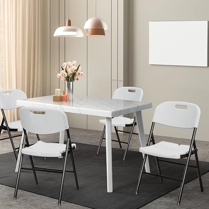 VINGLI Folding Chairs, Heavy Duty Foldable Chair Portable HDPE Plastic Seat with Steel Frame for Indoor Outdoor Dinning Party Wedding School Use, White, 2 Pack