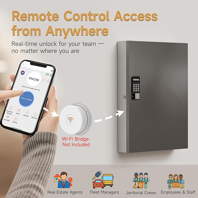 192-Key Smart Key Lock Box, Wall-Mount Key Cabinet with Key Management App(Track Key Borrow/Return), Keypad, Bluetooth & WiFi Unlock (Sold Separately) for Commercial, School, Rental, Office