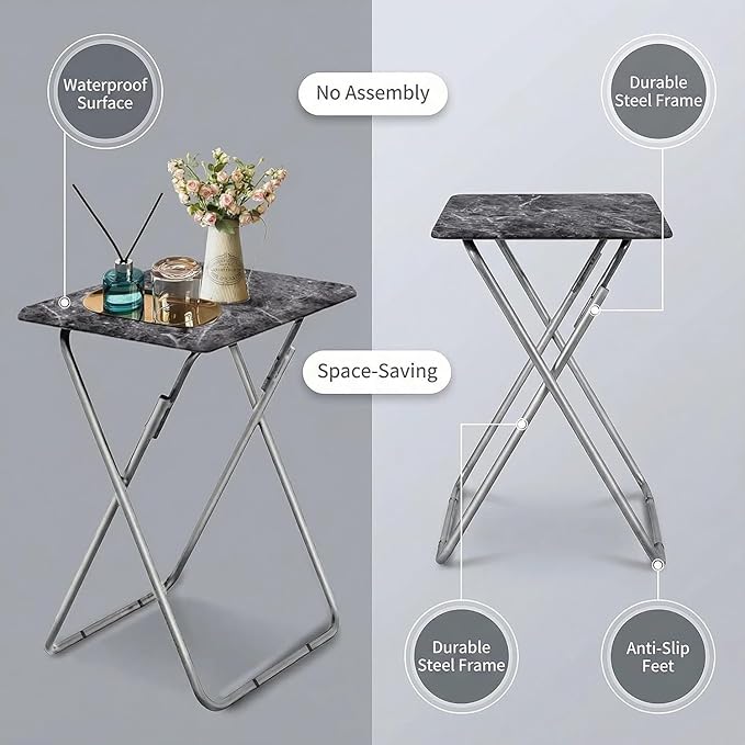 Tv Trays Folding Tv Table, Dinner Table for Eating with Sturdy Metal Frame, Small Foldable Snack Trays Table for Living Room, Couch,Sofa, Bed, No Assembly Required (Black Marble 2-Piece Set)