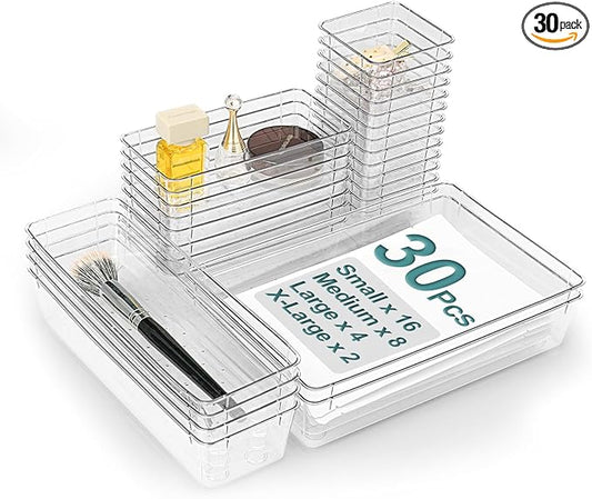 30Pcs Clear Plastic Drawer Organizers Set, 4size makeup drawer organizer trays for vanity,desk,bathroom,office,nightstand,gadgets for kitchen drawer, Versatile drawer divider storage bins