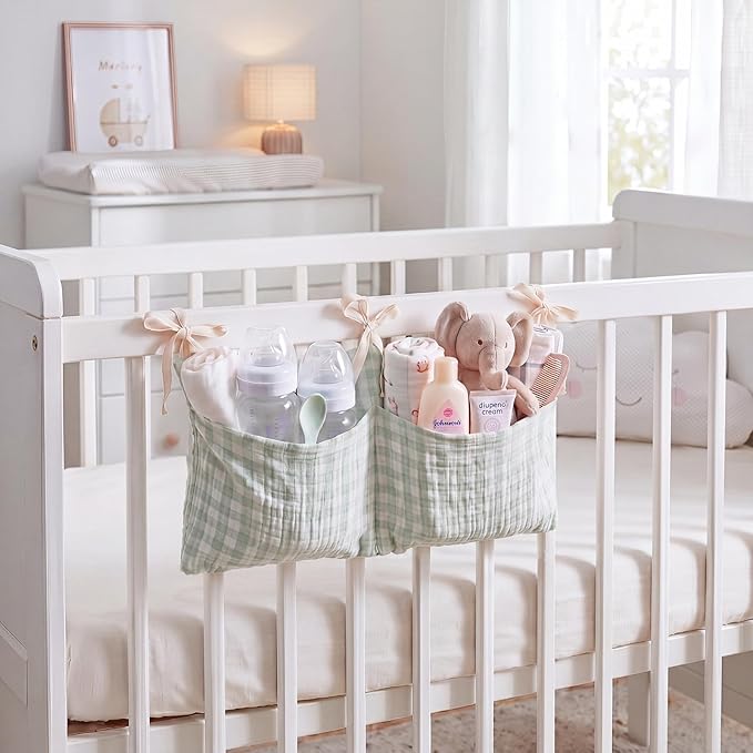 Gingham Crib Organizer Hanging Cotton Baby Bedside Hanging Storage Bag Storage Crib Organizer Baby Nappy(Green)