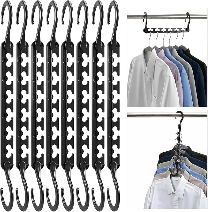 HOUSE DAY Sturdy Plastic Space Saving Hangers 12 Pack, Cascading Hangers Organizer Closet Space Saver 80% and Wrinkle Free Clothes, Multi Collapsible Hanger for Heavy Clothes, Shirts, Pants (Black)