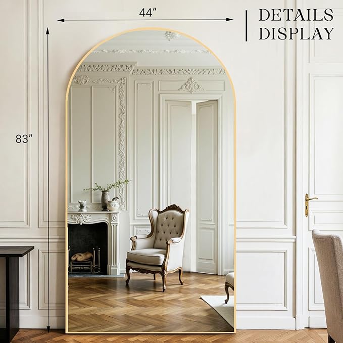 MISSDAY Large Arched Full Length Mirror, 83"x44" Oversized Full Body Mirror with Stand, Floor Mirror Long Free Standing, Leaning or Hanging, Frame Wall-Mounted Mirrors Wall Mirrors for Bedroom, Gold