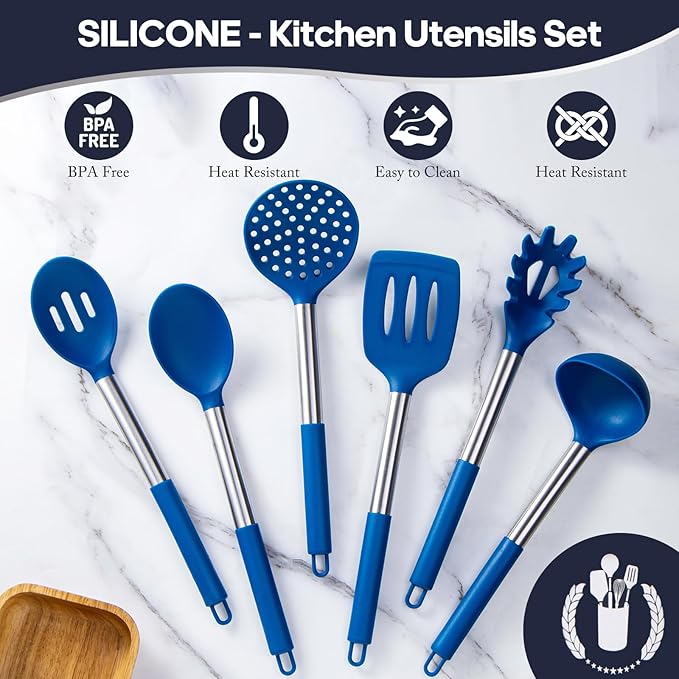 Silicone Kitchen Utensils Set - Culinary Couture 6-Pieces Blue Silicone Cooking Utensils Set for Nonstick Cookware - Stainless Steel Handle