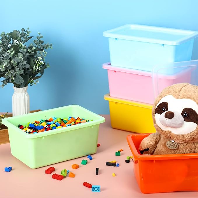 Amyhill 10 Pack Small Storage Bins with Clear Lids Multipurpose Colorful Plastic Cubby Containers Stackable Storage Toy Bins for Classroom, Nursery, Home, 11.4 x 7.5 x 4.9 Inches, 10 Colors