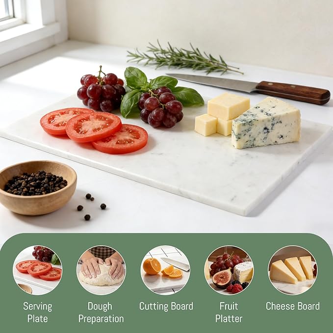 Natural Marble Cutting Boards for Kitchen - 12" x 8" White Marble Cheese & Charcuterie Serving Board - Stone Cutting Board & Pastry Slab - Premium Stone Kitchen Tray Gift for Counter