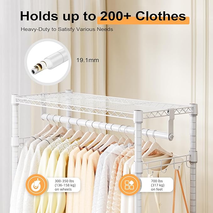 M MZG Heavy Duty Rolling Garment Rack 3 Tiers Adjustable Wire Shelving Clothes Rack with 2 Rods and Side Hooks,Storage Closet Clothing Rack with Wheels White 15.7" D x 29.5" W x 74.5" H