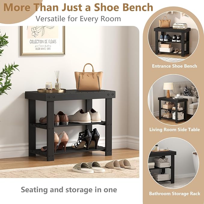 NEWBULIG Shoe Rack Bench, 3-Tier Bamboo Shoe Organizer, Wooden Entryway Storage Bench, 286 lb Load Capacity, 11.2x19.7x17.9 Inches, for Entryway Bathroom Bedroom Balcony, Black