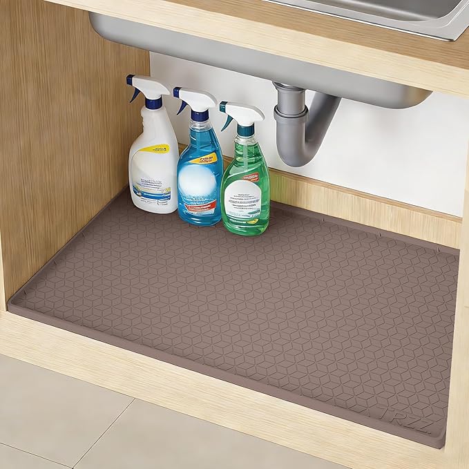 TRZZ Silicone Waterproof Under Sink Mat 22" x 19", Drip Tray and Cabinet Liner for Kitchen and Bathroom, Prevents Water Damage and Organizes Cabinets (Brown)