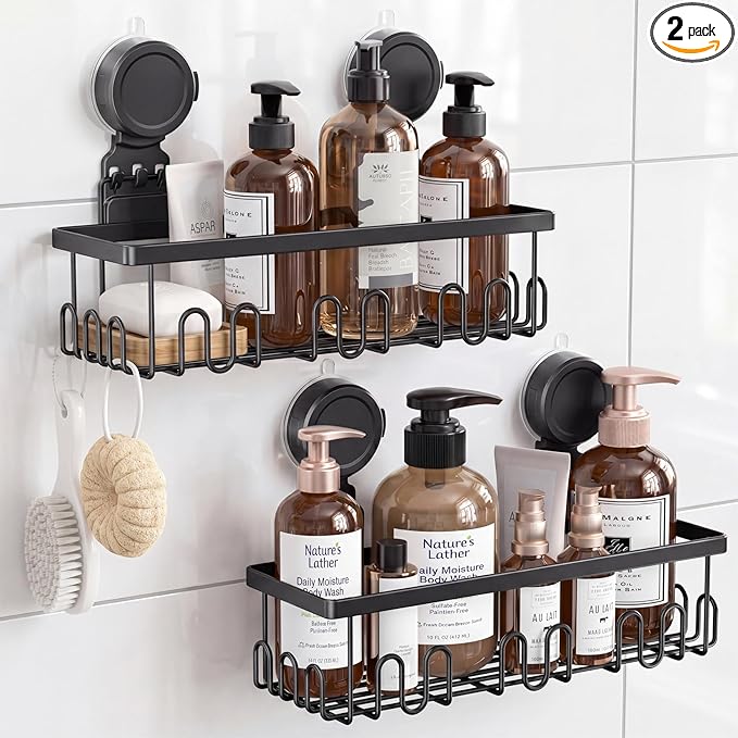 JOTPE Shower Caddy Suction Cup 2 Pack, No Drilling Shower Organizer for Bathroom with Large Capacity, Storage Suction Powerful Max Hold 40 lbs, Waterproof & Removable Bathroom Shelf, Black