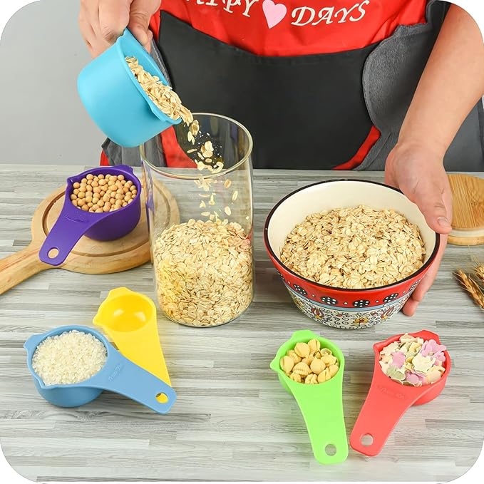 Plastic Measuring Cups and Spoons Set 15, Metric & US Pink Measuring Cups and Spoons for Kitchen & Baking, 7 Measure Cup & 7 Measure Spoon with Leveler for Dry & Liquid