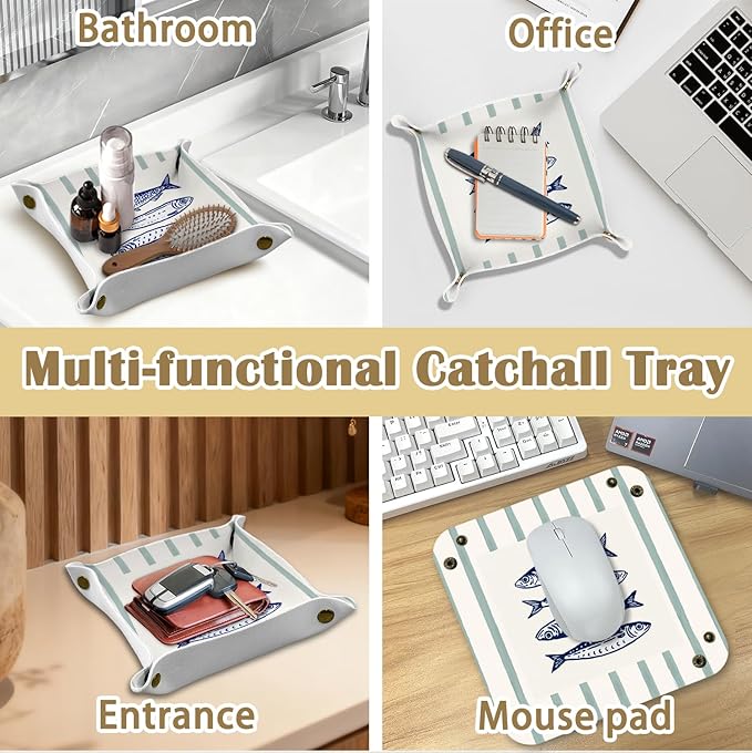 Coastal Beach Sardine Fish Jewelry Valet Tray for Women, Fish Gifts PU Leather Catchall Beside Caddy Nightstand Organizer Tray for Jewelry Rings Watches Keys and Accessories, 7.87x7.87in