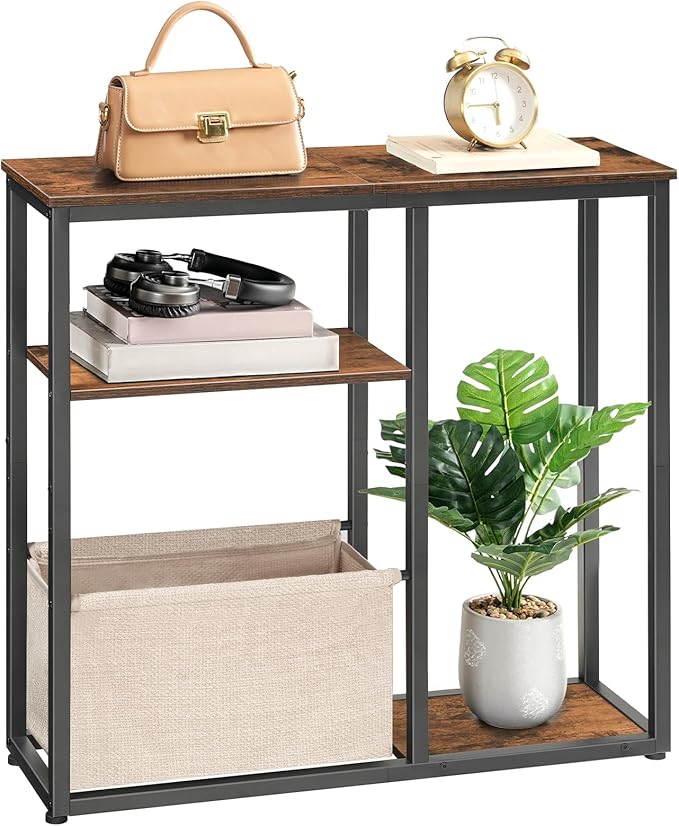 HOOBRO Narrow Console Table with Storage Basket, 29.5" Small Entryway Table with 3-Tier Storage Shelves, Behind Couch Sofa Table, Hallway Table for Living Room, Rustic Brown, Black and Beige BF60XG01