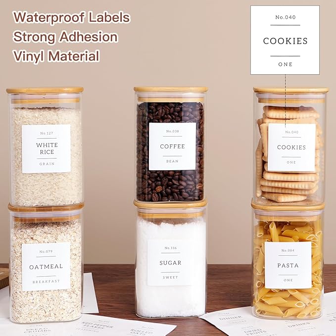 CZZGSM 6 Pack Square Kitchen Storage Jars with Airtight Bamboo Lids and 132 Pantry Labels - 35oz Glass Canisters With Wood Lids - Food Storage Containers for Coffee, Cookie, Tea, Spice