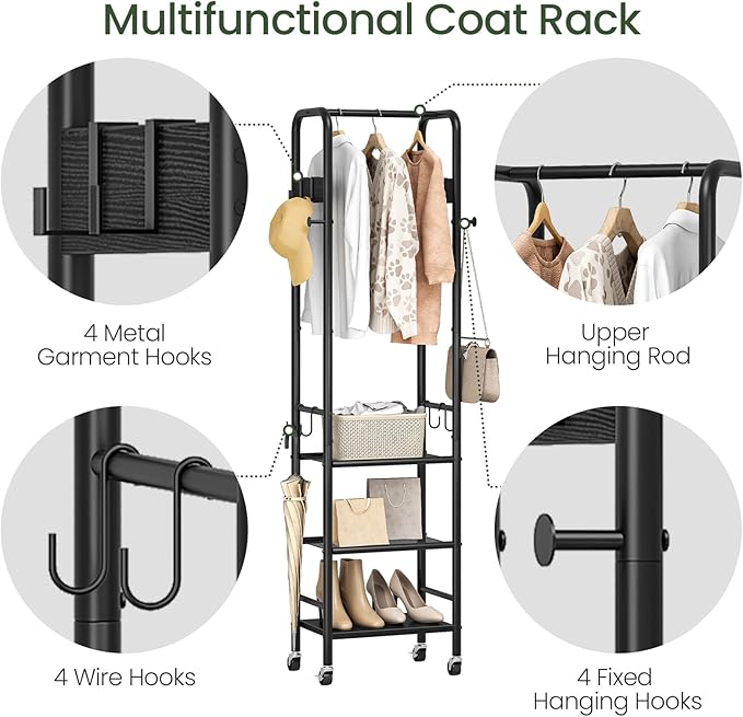CHOEZON Coat Rack, Freestanding Coat Rack with 3 Shelves, Rolling Garment Rack with Wheels and Hooks, Coat Hanger Stand, Clothes Rack, Hanging Rod, for Entryway, Bedroom, Living Room, Black TYM17BB