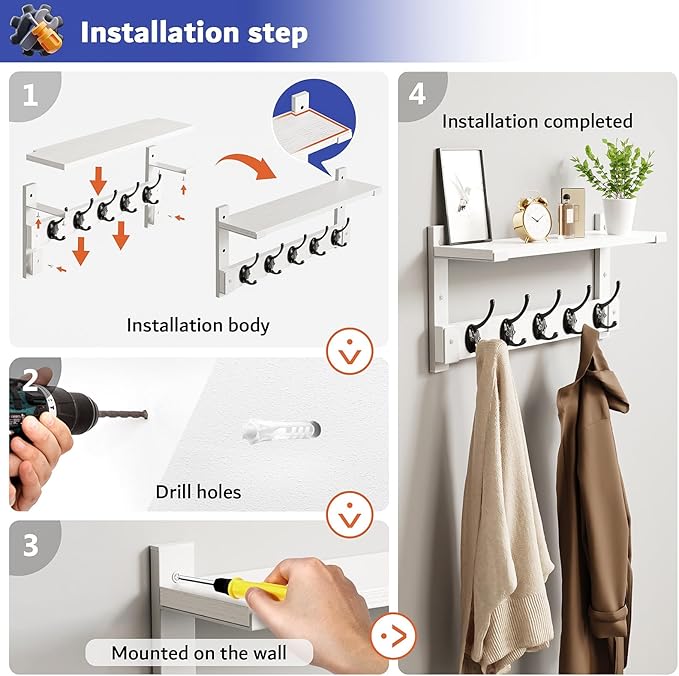 Oraich Wall Hooks with Shelf, Coat Rack Wall Mount for Coat Backpack Key Clothes Hanger, Wall Floating Shelf Hanging in Entryway, Living Room, Bathroom, Bedroom, Kitchen(White)