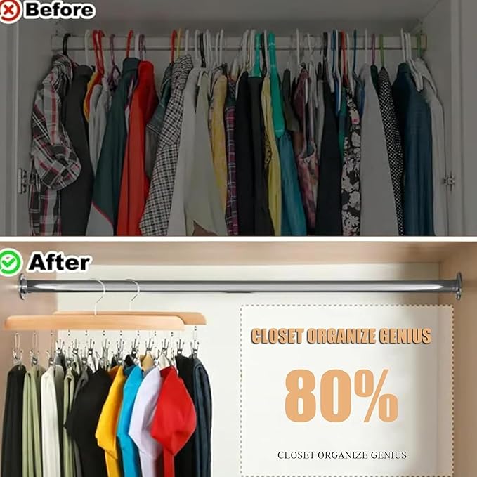 2Pcs Closet Organizer with 10 Clips, 360° Rotating Metal Hanger Clips with Silicone Lining, Space Saving Hanging Closet Organizer, Multi-Purpose Storage Hanger for Jeans Skirts Socks, Vintage Style