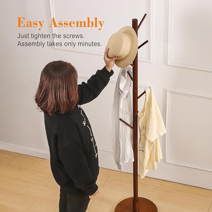 VECELO Coat Rack Freestanding, Entryway Hanger Stand, Umbrella Holder, Hall Tree With Hooks, Floor Standing Metal Tree Stand,Walnut
