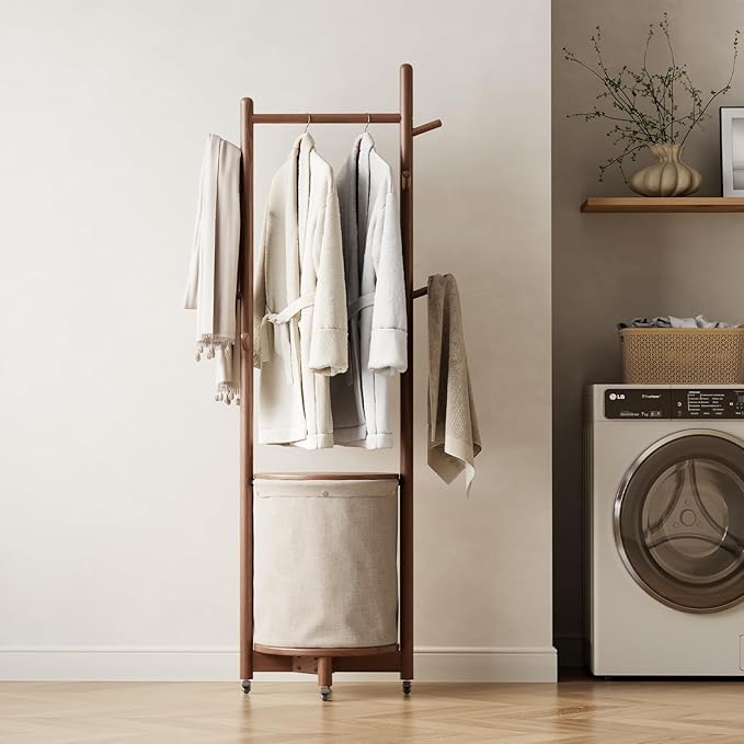 CycleCrew Solid Wood Coat Rack with Fabric Basket - Freestanding Coat Rack Rolling Coat Tree with 9 Hooks Wheels, Small Clothes Rack For Entryway Bedroom Hallway Living Room