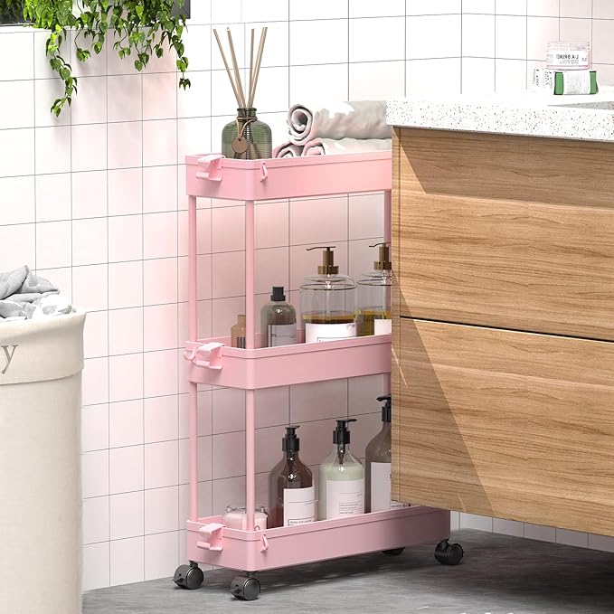 SPACEKEEPER Slim Rolling Storage Cart, 3 Tier Bathroom Organizer Utility Cart Laundry Room Organization Mobile Shelving Unit for Kitchen, Bathroom, Office, Bedroom, Narrow Places, Pink