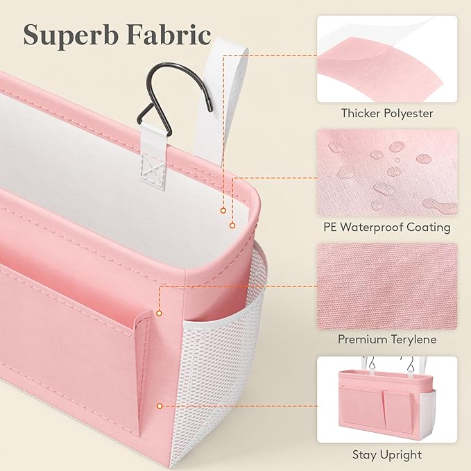Lifewit Bedside Caddy Storage Organizer, Hanging Storage Bag with Fixed Straps, Book Remotes Holder for Home, College, Dorm, Bunk, Hospital, Crib Bed Rails, Pink