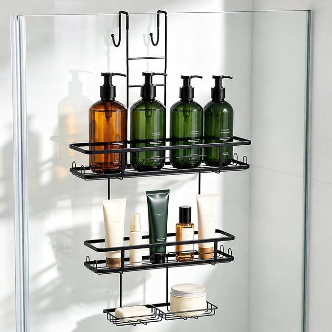 OMAIRA Over The Door Shower Caddy Hanging, 3-Tier Shower Organizer Hanging with 8 Hooks & Soap Holder, Height-Adjustable Rustproof Bathroom Shelf for Shower Door, No Drilling Storage Rack, Black