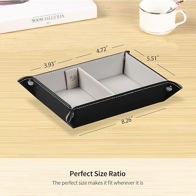 YAPISHI Key Tray Large for Men Leather Entryway Dish Bedside Catchall Bowl 2 Dividers Nightstand Organizer Caddy Travel Valet Tray for Wallet Coins Change Dice Watch Phone, Sundries Holder (Grey)