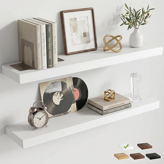 Venusmiles Floating Shelves for Wall, 32 Inch Floating Shelves Set of 2, 6.5" D Wooden Wall Mounted Display Shelves with Invisible Brackets for Living Room, Bedroom, Bathroom, Kitchen Decor, White