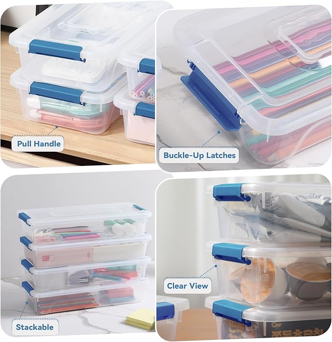 novelinks Clear Plastic Storage Bins with lids, Stackable Storage Containers, Durable Craft Storage Boxes, Organization Containers for Home Office (4 Quart 8 Pack Blue)