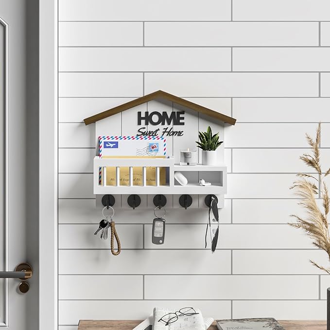 Key and Mail Holder for Wall, Wall Key Holder with Shelf, Key Rack Wall Mount, Wood Key Holder Wall Mount White, Mail Organizer Wall Mounted, Entryway & Front Door Key Holder with 5 Hooks