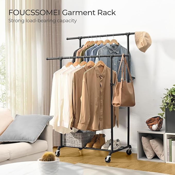 FOUCSSOMEI Heavy Duty Clothes Rack, Rolling Clothing Rack, Garment Rack with Wheels, Double Rod, Max 400Lbs, Black