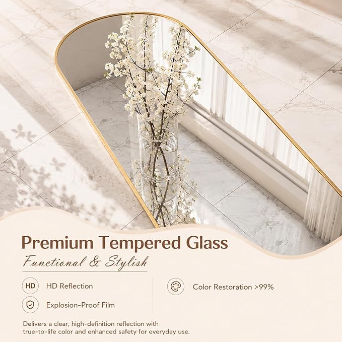 Full Length Mirror, 71"x27" Arched Floor Mirror Freestanding, Floor Standing Full Body Mirror with Stand for Bedroom, Hanging Mounted for Living Room Cloakroom, Gold