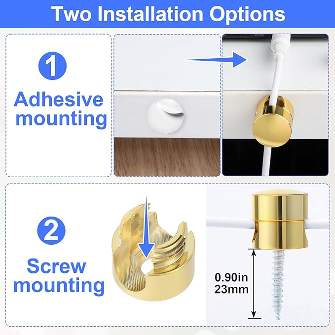 SmallCat 10 Sets Charger Holders for Cords, Gold Color Adjustable Cable Anchor Holders, Adhesive Metal Cord Clips, Cable Management Wire Organizers for Desk, Office, Nightstand