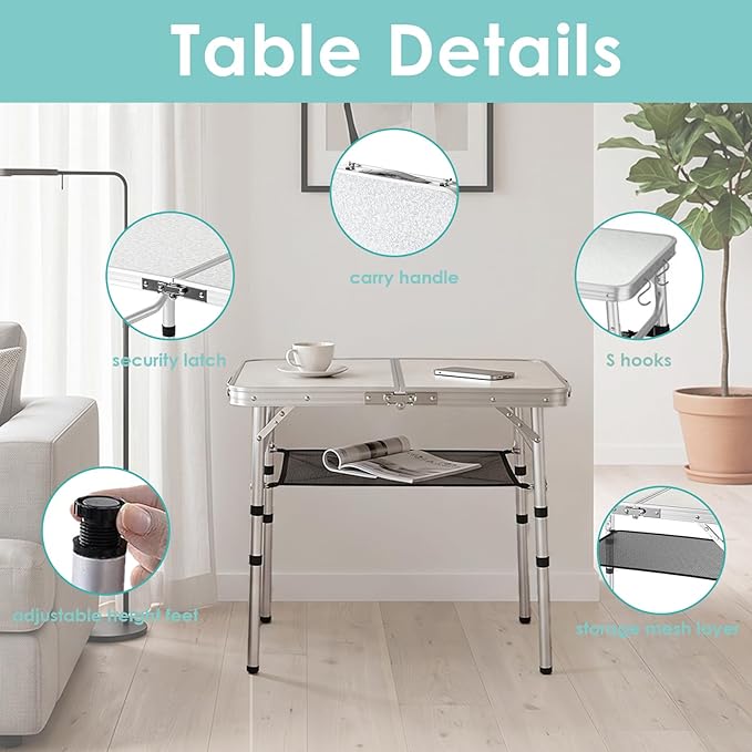 YihuiKo Folding Camping Table with Adjustable Height, 23.6" x 15.8" Portable Lightweight Tables with Aluminum Legs for Outdoor Camp, Picnic, Beach, Backyard, Tailgate Cooking, 3 Heights