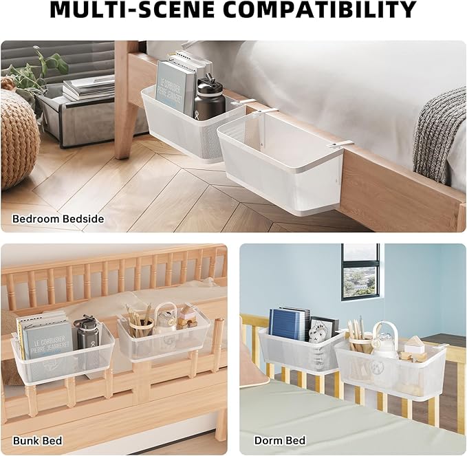 2 Pack Bedside Caddy Organizer, White Metal Hanging Storage Baskets for Bed Rail and Headboard, Bunk Bed Shelves, College Dorm Room Essentials, Holds Phones, Books, Tablets and Bottles (Extra Large)