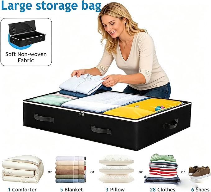 4 Pack Under Bed Storage, Closet Organizers and Storage Containers with Clear Window Foldable Underbed Storage Bags for Clothes,Shoes, Blankets Pillows, Linen Sheets, Black