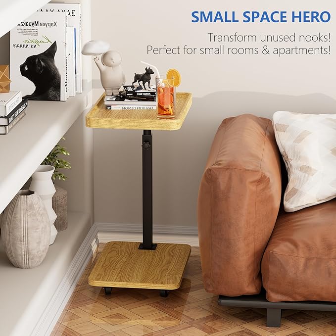 Tv Tray,Adjustable Height C Shaped End Side Table for Eating on Couch That Slide Under,360°Swivel Sofa Snack Dinner Table with Wheels for Living Room and Bedroom, Bed,Chair(Oak+Black)