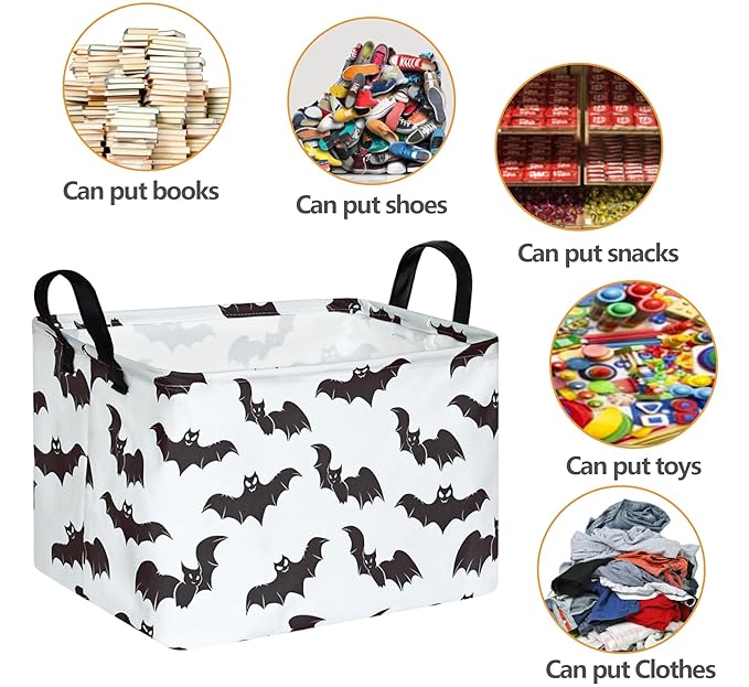 Halloween Bat Storage Basket with Handles Open Gifts&Candy Spooky Basket stuffers for Kids Baby Collapsible Women Organizer Bins Toys Boxes for Shelves Home Office
