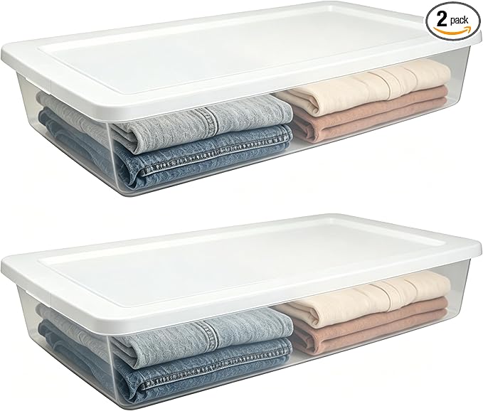 (2 Pack) 41 Quart Under Bed Storage Containers, Clear Rigid Plastic Underbed Storage Bins with Snap-On Lid, Stackable Flat Organizer Boxes for Bedroom Closet Home, White