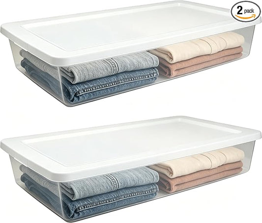 (2 Pack) 41 Quart Under Bed Storage Containers, Clear Rigid Plastic Underbed Storage Bins with Snap-On Lid, Stackable Flat Organizer Boxes for Bedroom Closet Home, White